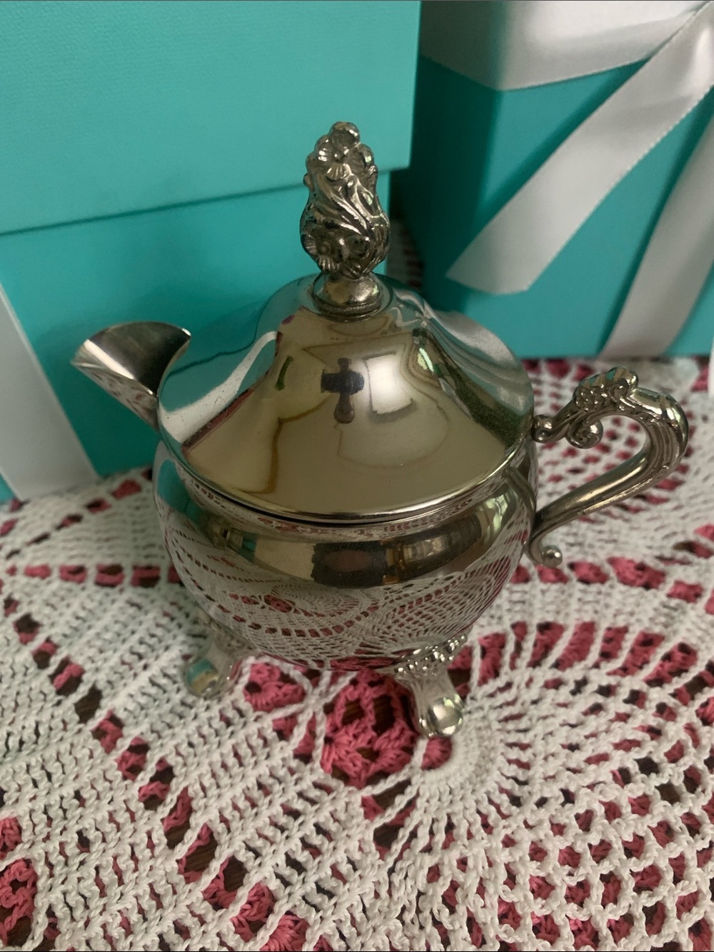 Silver Plated Creamer Pitcher with Ornate Handle and Lid